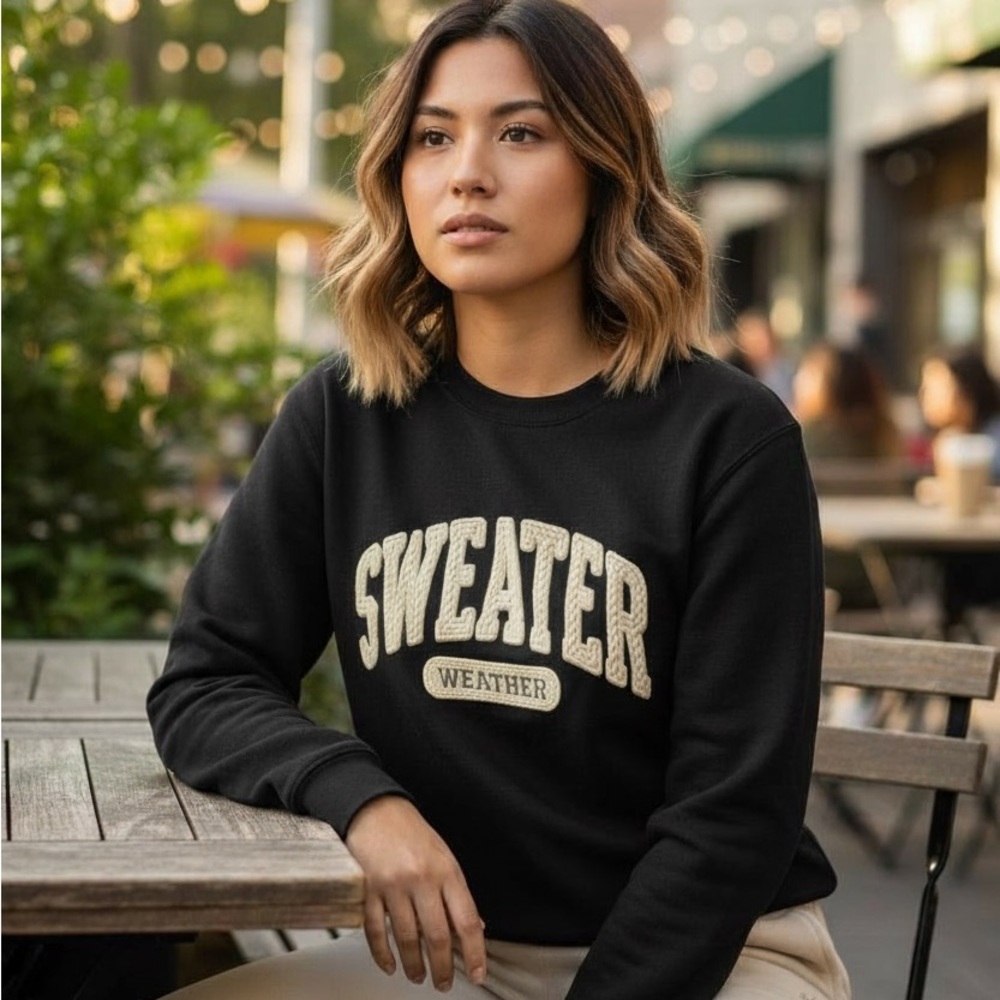 Black “Sweater Weather” Crewneck Sweatshirt – Cozy Embroidered Graphic (S–XL)